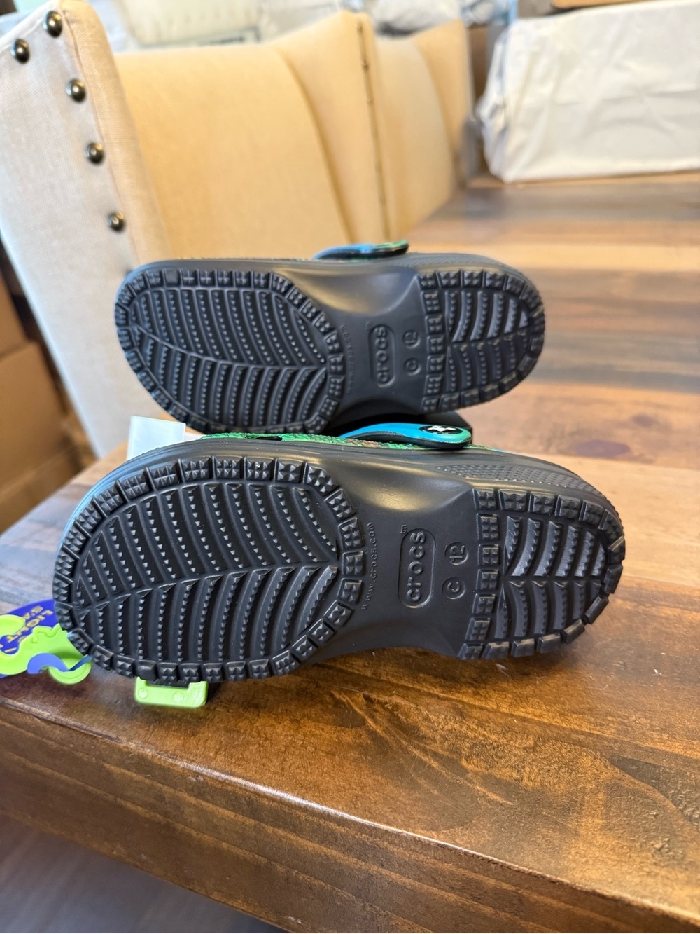 CROCS Kids Minecraft Green Pixel Clog with Blue Strap and Game Charms - Picture 2 of 2